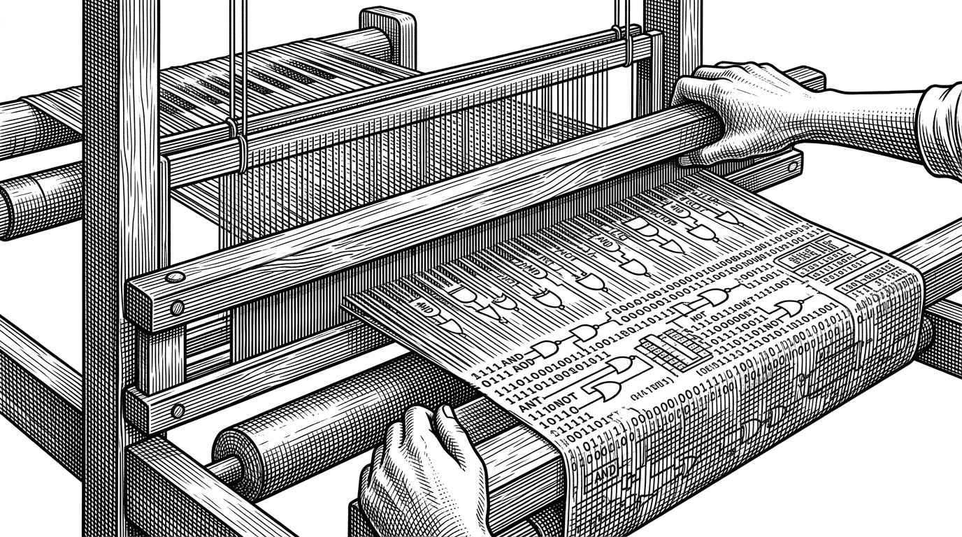 A close-up of a wooden loom weaving rigid logic gates instead of yarn, illustrating ephemeral code logic being permanently woven into an immortal state history.