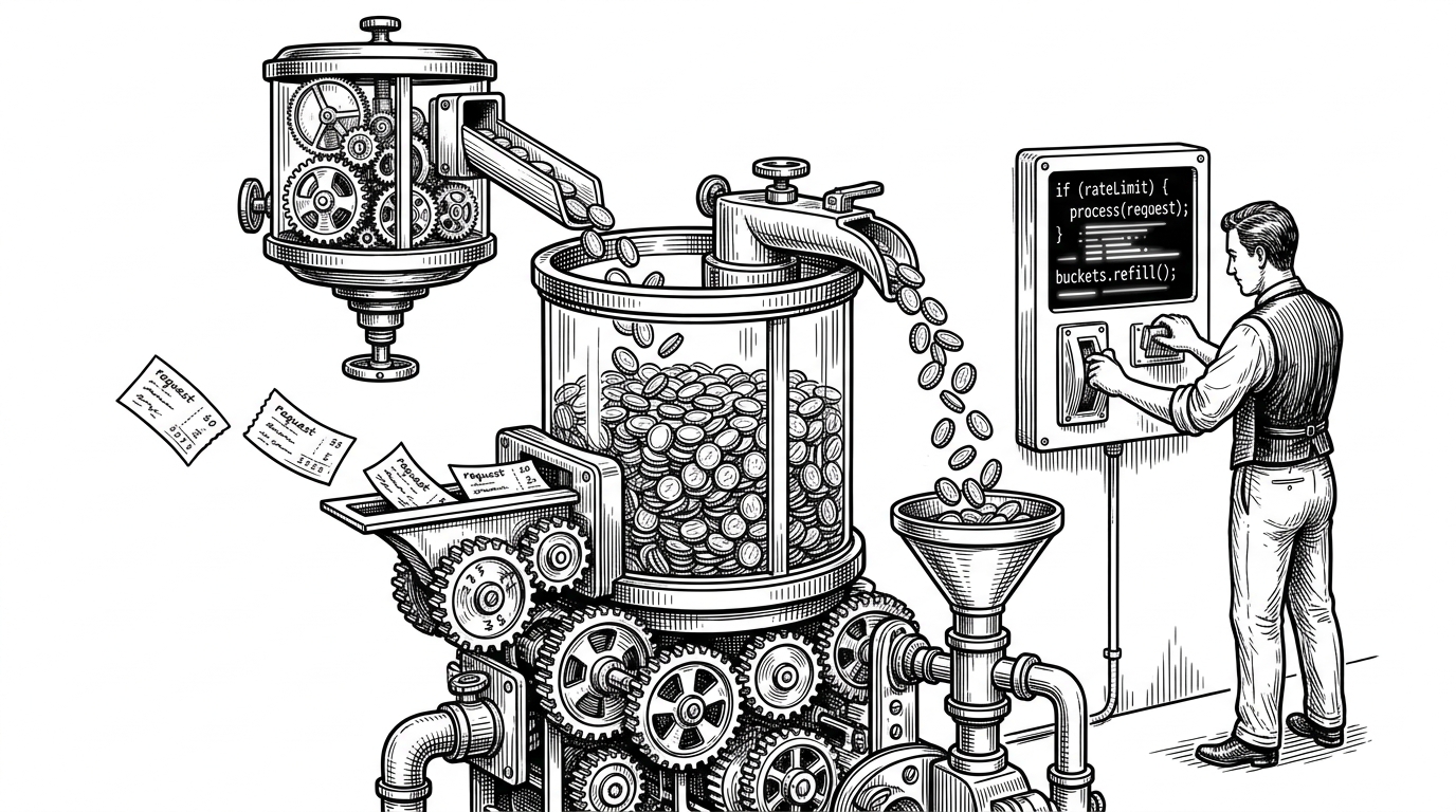 A large mechanical token bucket made of glass and clockwork gears, with request tickets moving through a gate and a separate refill chamber feeding new tokens into the mechanism. A human operator watches a wall-mounted code panel where lines light up as the process runs, showing that the limiter is not a black box but an inspectable workflow.