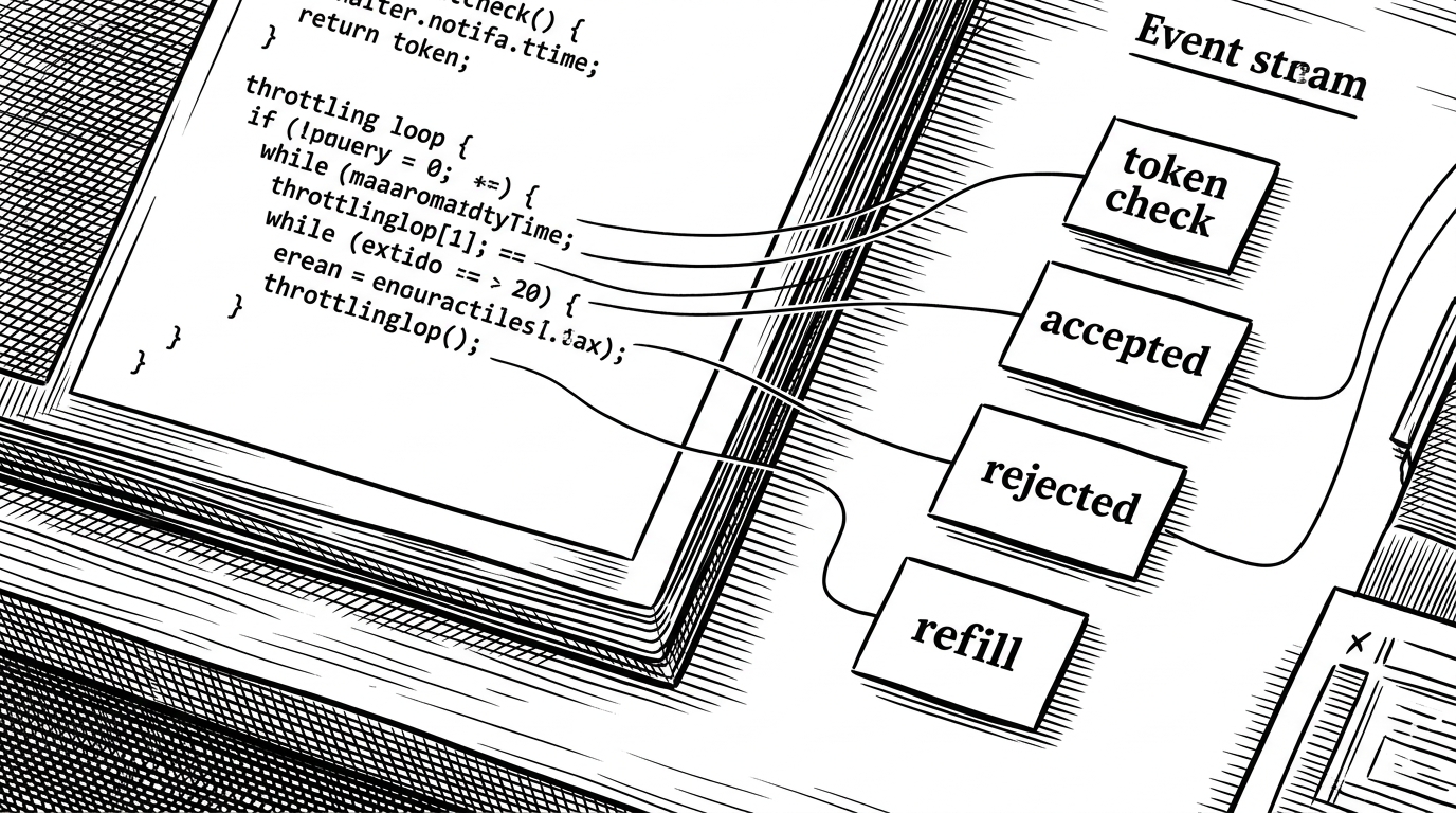A close-up workbench split between source code on the left and a live event stream on the right. The code shows the throttling loop, while the stream shows token check, accepted, rejected, and refill events linked to exact source lines by thin connecting lines. The image explains how the UI becomes a debugger for the workflow.