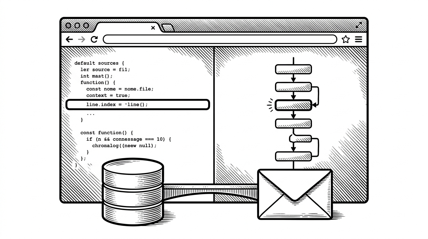 A browser window split between source code and a live execution trace. One line in the code is highlighted, and the highlight appears to travel through workflow steps toward a database cylinder and a message envelope. The scene explains how the article’s central idea makes code itself the observability surface.