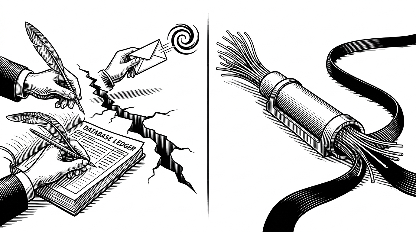 A split editorial scene contrasts a brittle dual-write process on the left with a single coordinated outbox path on the right. The left side shows a hand reaching toward a database and another reaching toward a message broker, with a crack between them. The right side shows one captured event flowing safely through a relay path.