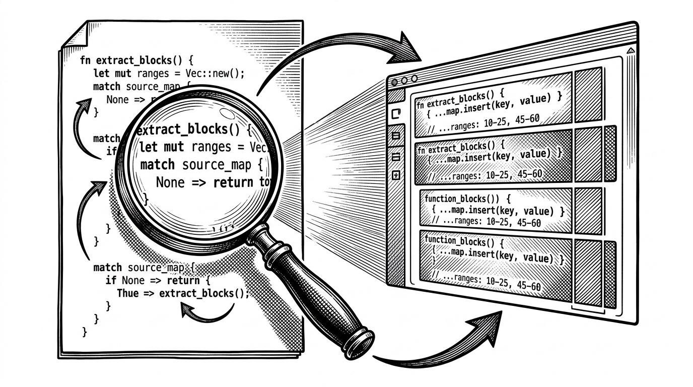 A document page is shown reading its own source code through a magnifying glass, while extracted line blocks appear in a side panel. The same file is visible twice, once as code and once as a mapped interface, explaining the repo’s self-referential design.
