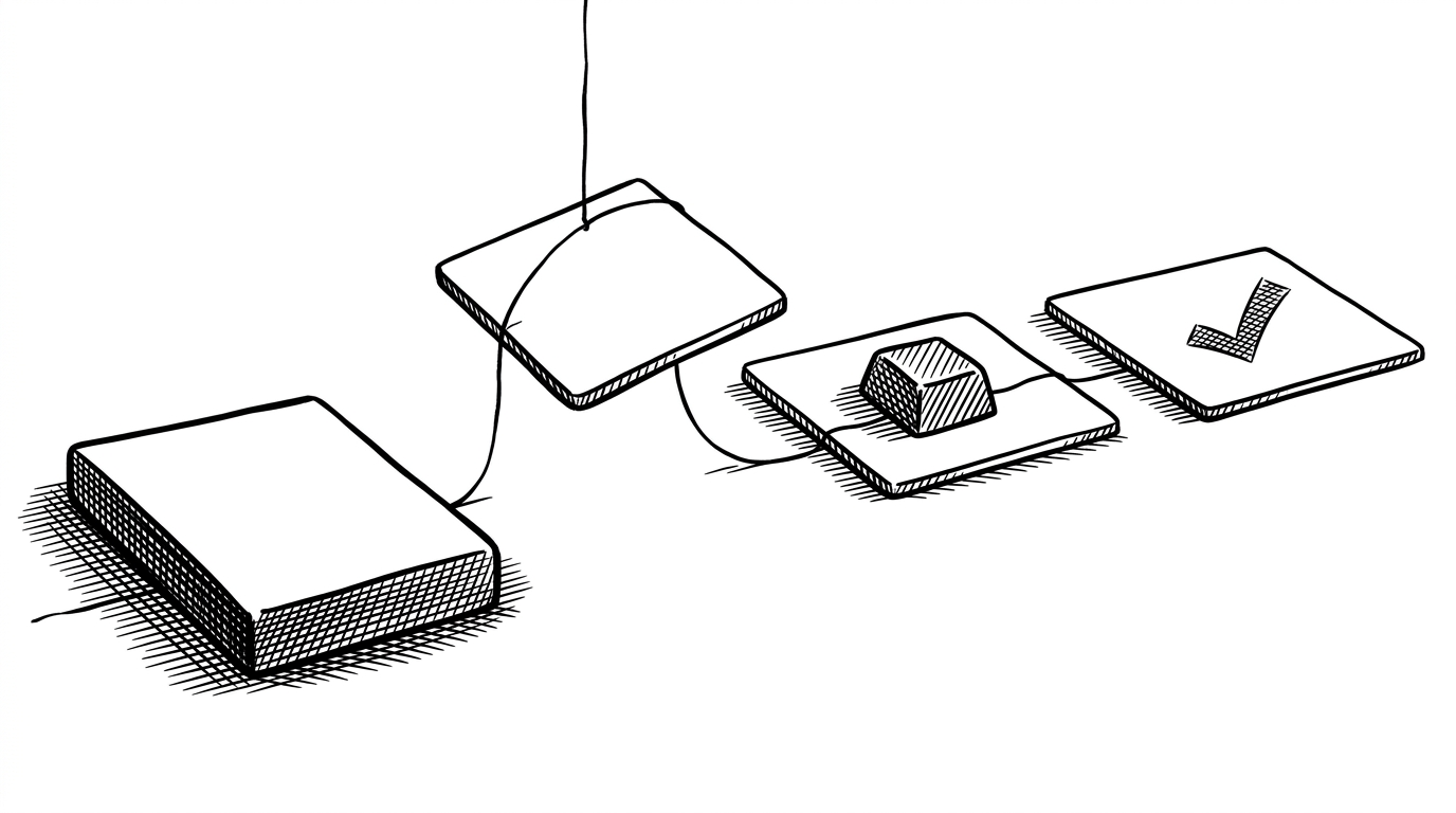 A close-up of four handwritten workflow cards arranged in sequence. One card is paused and visually anchored by a thin thread that moves to the next step. The composition explains how the workflow becomes observable as a series of durable phases rather than a black box.