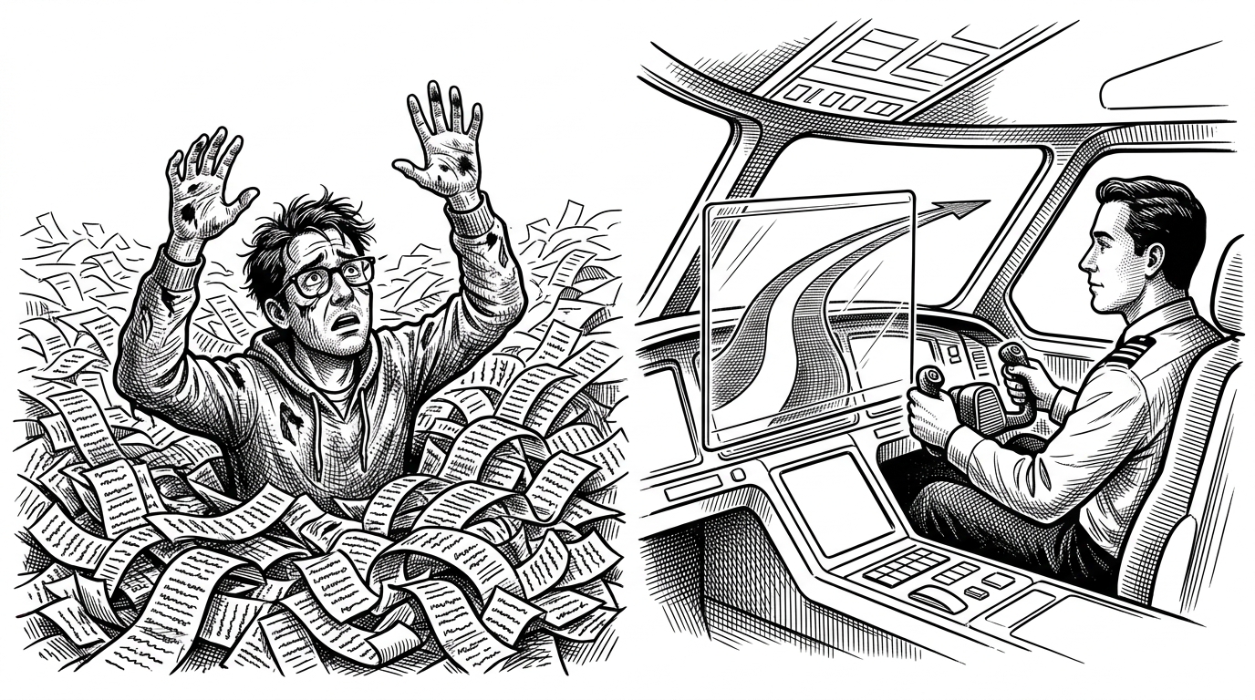 A split visual showing a developer overwhelmed by messy static logs on the left, and a clean, highlighted code pathway on a glass screen on the right.