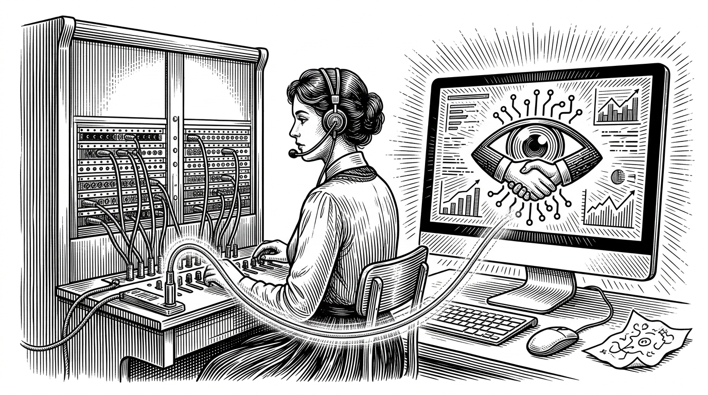 A vintage telephone operator's switchboard where one specific cable is tapped by a glowing fiber-optic line leading to a modern monitor, illustrating the concept of observing a live workflow.