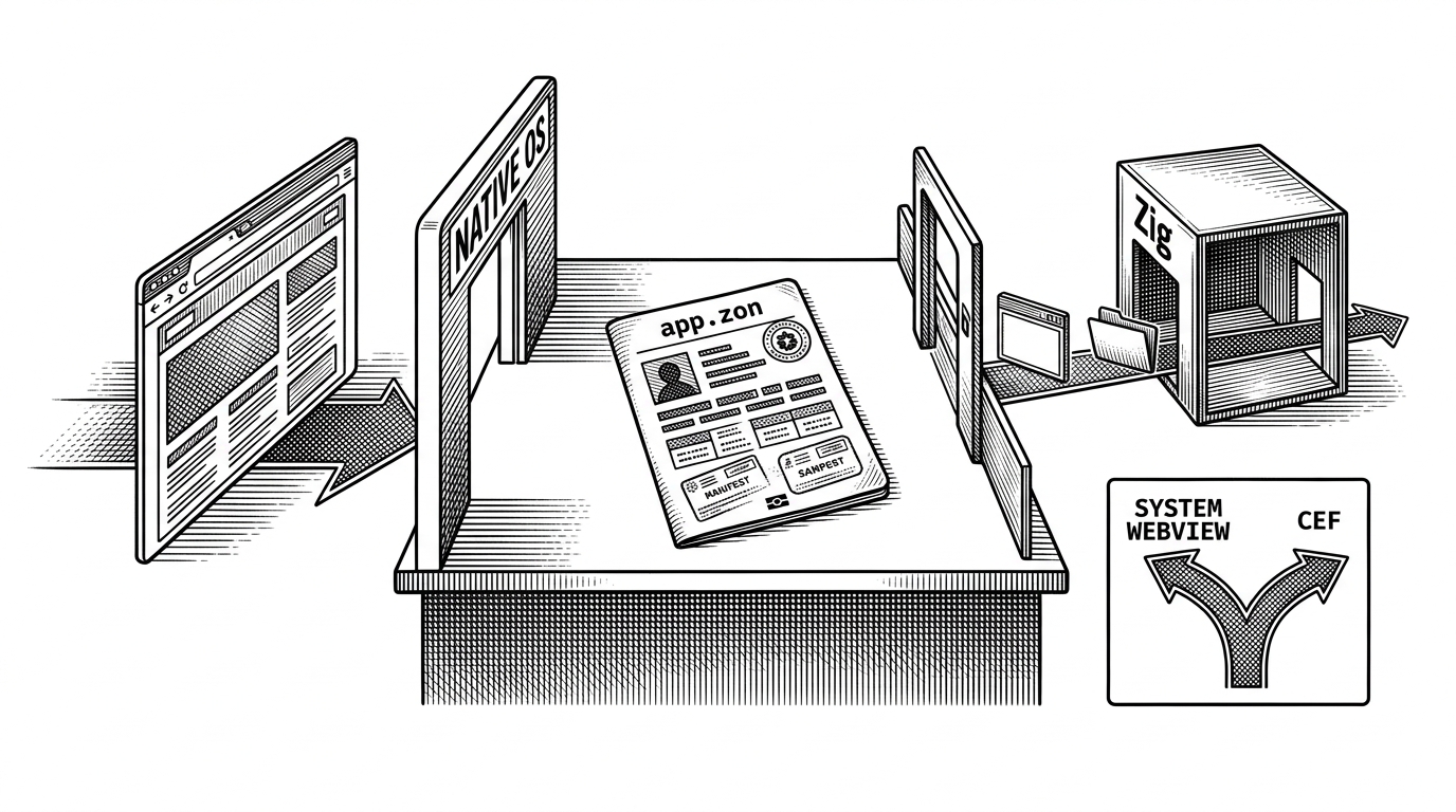 A web app approaches a native OS checkpoint while a stamped manifest document stands at the center of the scene. Approved actions pass through a narrow gate into a Zig runtime and then into the operating system, while engine choice branches toward system WebView or CEF. It explains that zero-native makes the manifest the control surface for both permissions and packaging.
