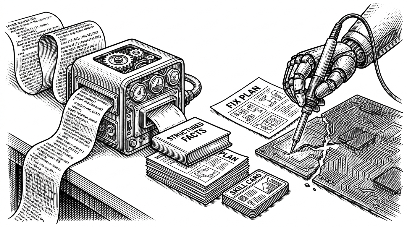 A workshop bench where source code enters a machine on the left, and the machine emits structured facts, a fix plan, and a skill card in the center. On the right, an agent-like hand uses those outputs as tools to repair a broken circuit. The image explains Zero's core idea: compilation as instruction, not just diagnosis.