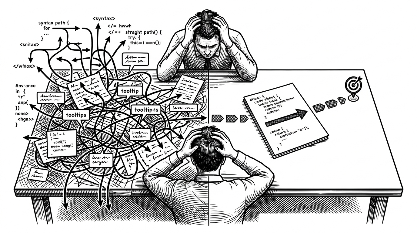A split tabletop scene comparing two approaches. The left side is cluttered with branching syntax paths, conflicting cues, and scattered notes. The right side shows a single clean path through the same task with fewer moving parts. The image explains how Zero reduces ambiguity by narrowing the choices available to the agent.