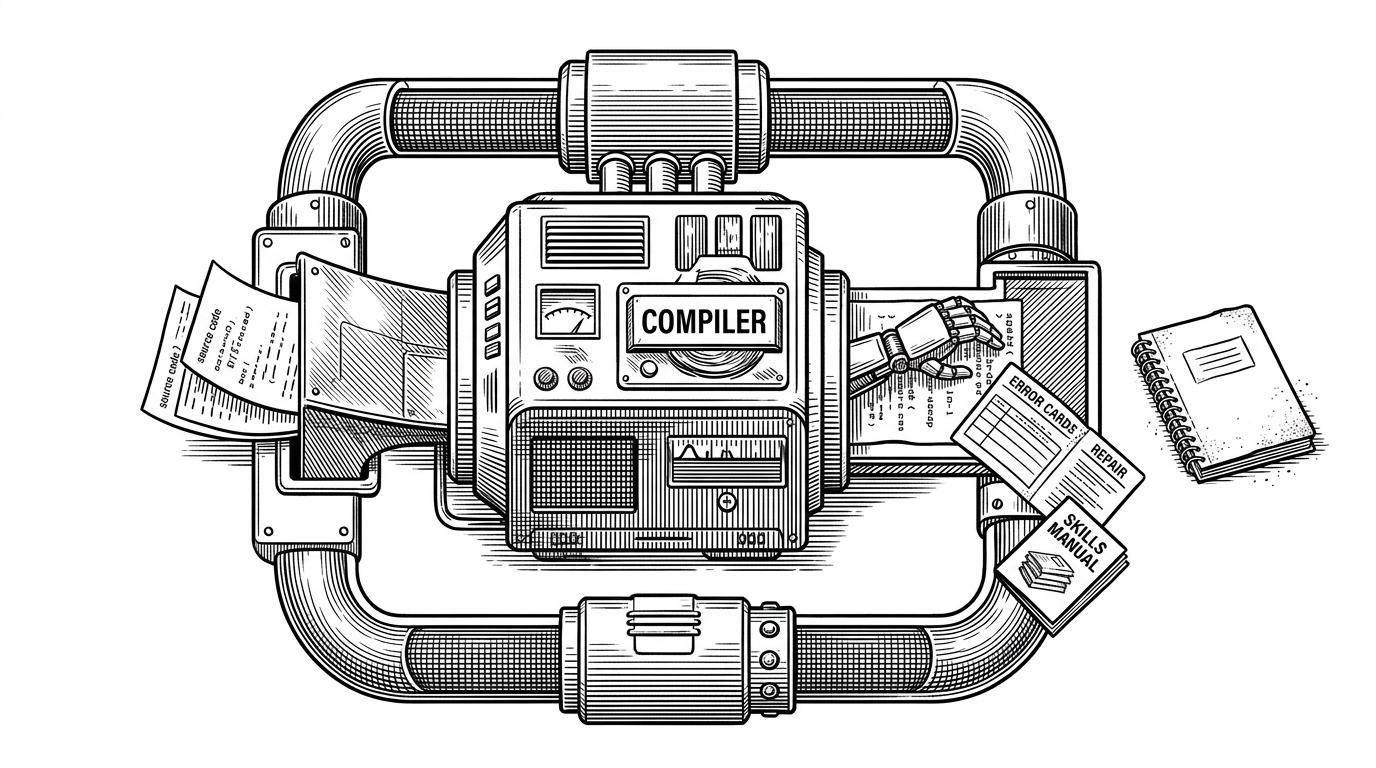 A closed-loop workshop centered on a compiler machine. Source code enters from one side, while structured error cards, repair instructions, and a compact skills manual return on the other. A mechanical hand actively uses the outputs, while a human notebook sits untouched nearby. The scene explains Zero’s core idea: the compiler is part debugger, part tutor, and part repair assistant for agents.