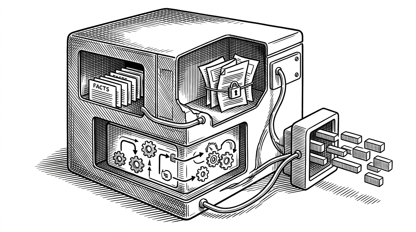 A close-up of a sealed compiler binary drawn like a mechanical box with three internal chambers. One chamber holds diagnostics, another holds embedded skills, and a third holds a repair plan. Thin conduits connect each chamber to an agent terminal outside the box. The image explains that Zero packages guidance inside the compiler itself rather than leaving agents to scrape external docs.