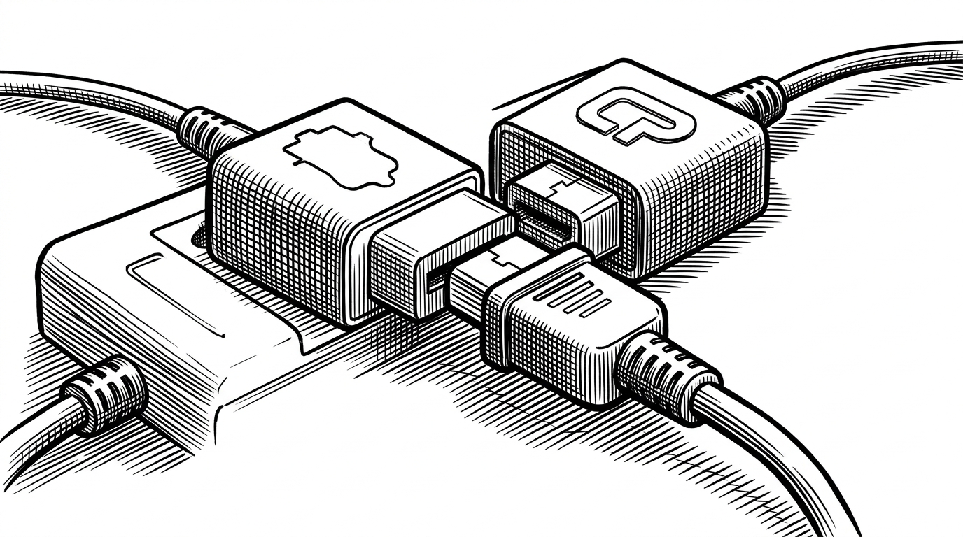 Two different adapter blocks slide into the same socket on a workbench, and both feed into one identical downstream pipeline. The image explains that the SDK standardizes the interface so different model providers can plug into the same application flow.