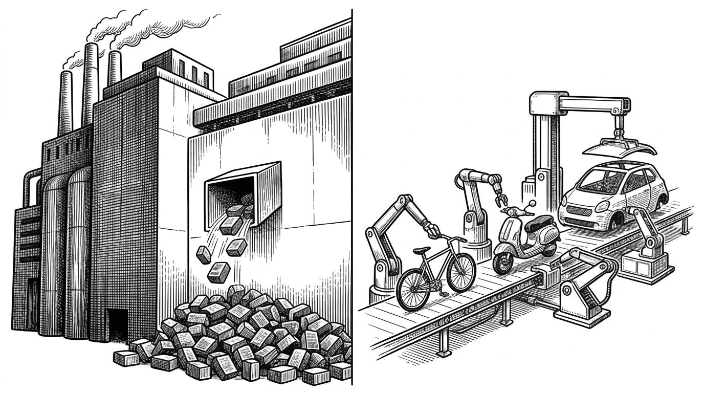 A heavy brutalist factory building contrasted with a nimble, open-air assembly line.
