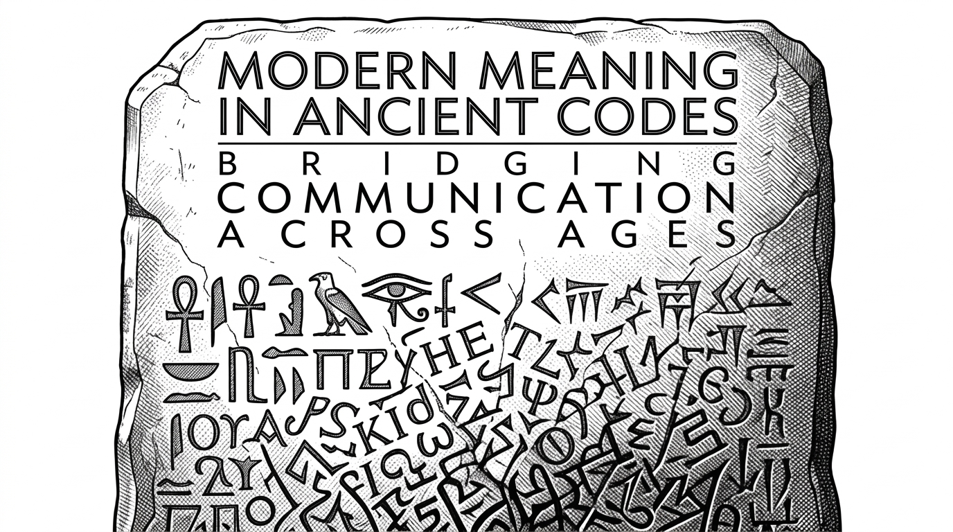 A stone tablet resembling the Rosetta Stone, transitioning from clean typography to chaotic jagged symbols.