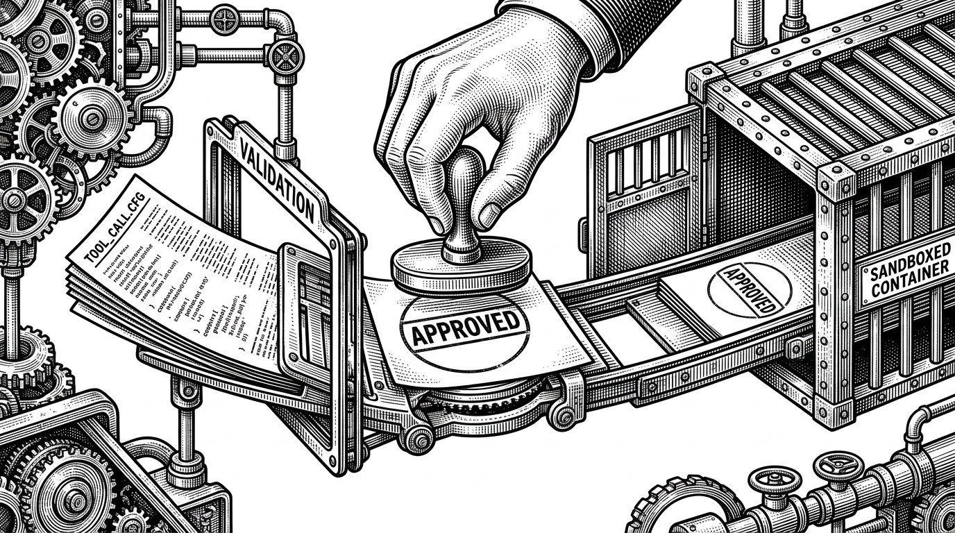 A close-up view of a tool request moving through a stamped approval gate and into a sandboxed container. The left side shows a typed tool file, the center shows a human approval slip, and the right side shows isolated execution. The image explains how `eve` separates model intent from actual side effects.