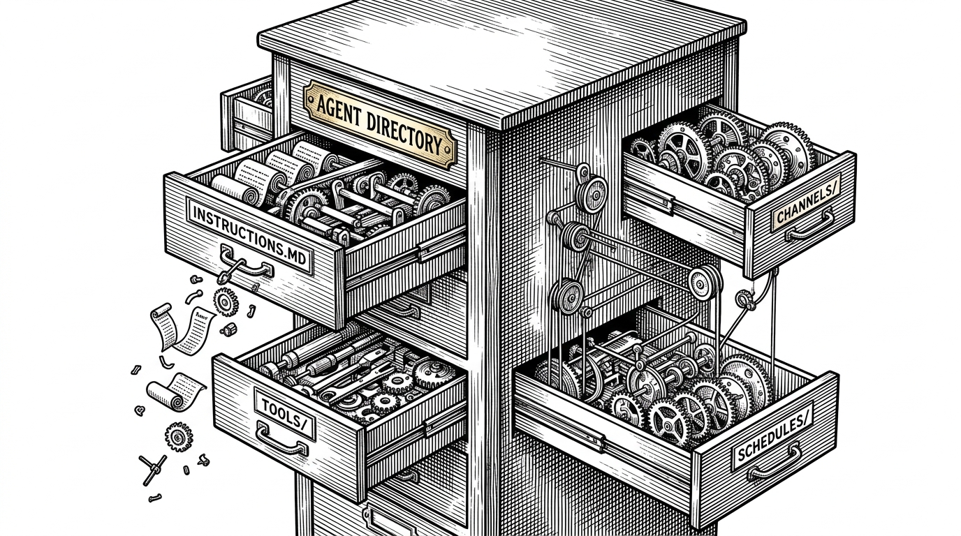 A wooden cabinet labeled as an agent directory opens into drawers for instructions, tools, skills, and schedules. Small mechanical parts inside the drawers suggest typed capabilities, procedural memory, and runtime control. The scene explains the article's core idea: the filesystem is the agent interface.