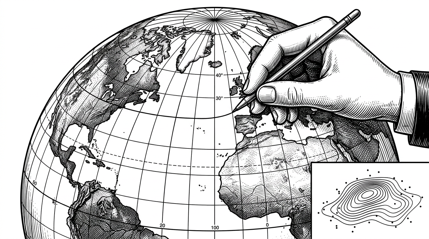A curved grid being stretched over the surface of the Earth by a cartographer’s hand. The mesh tightens and spreads according to distance markers, while a small inset shows a smooth heat surface rising from scattered points. It explains why geographic grids need to account for curvature instead of assuming a flat plane.