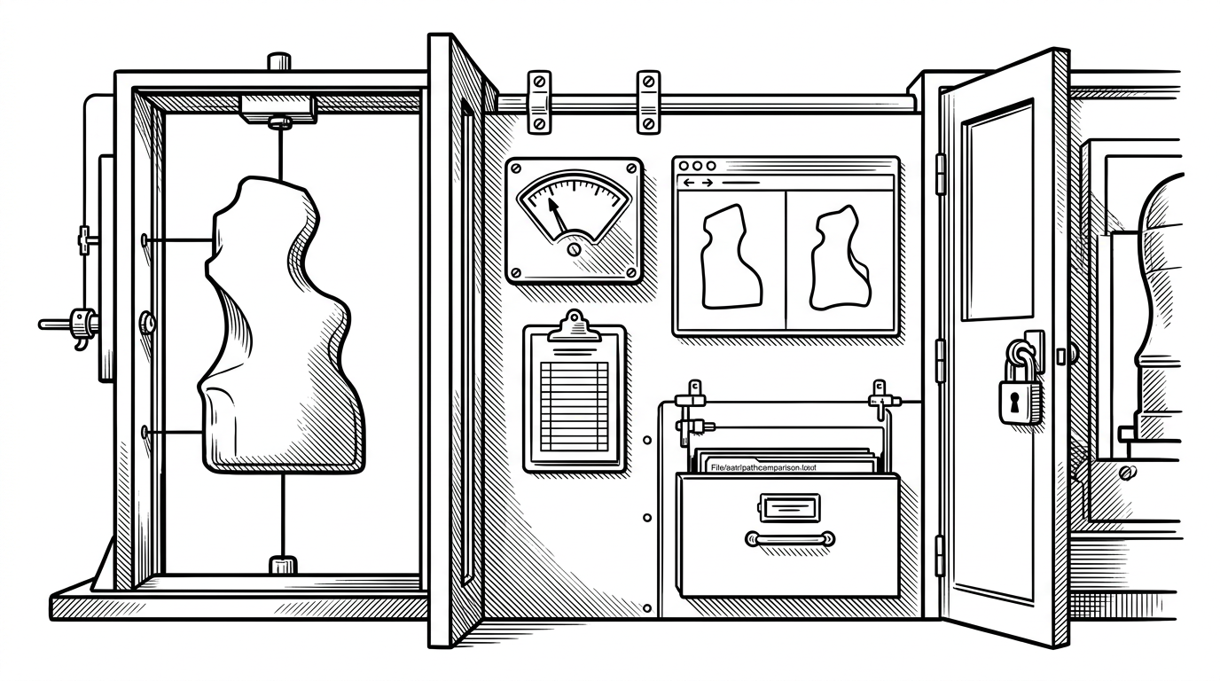 A close-up editorial illustration of a pass gate in a sculpting pipeline. A silhouette waits before a threshold while a score meter and inspection sheet decide whether the next stage can unlock. The image explains how the repo uses evidence and validation to control progress.