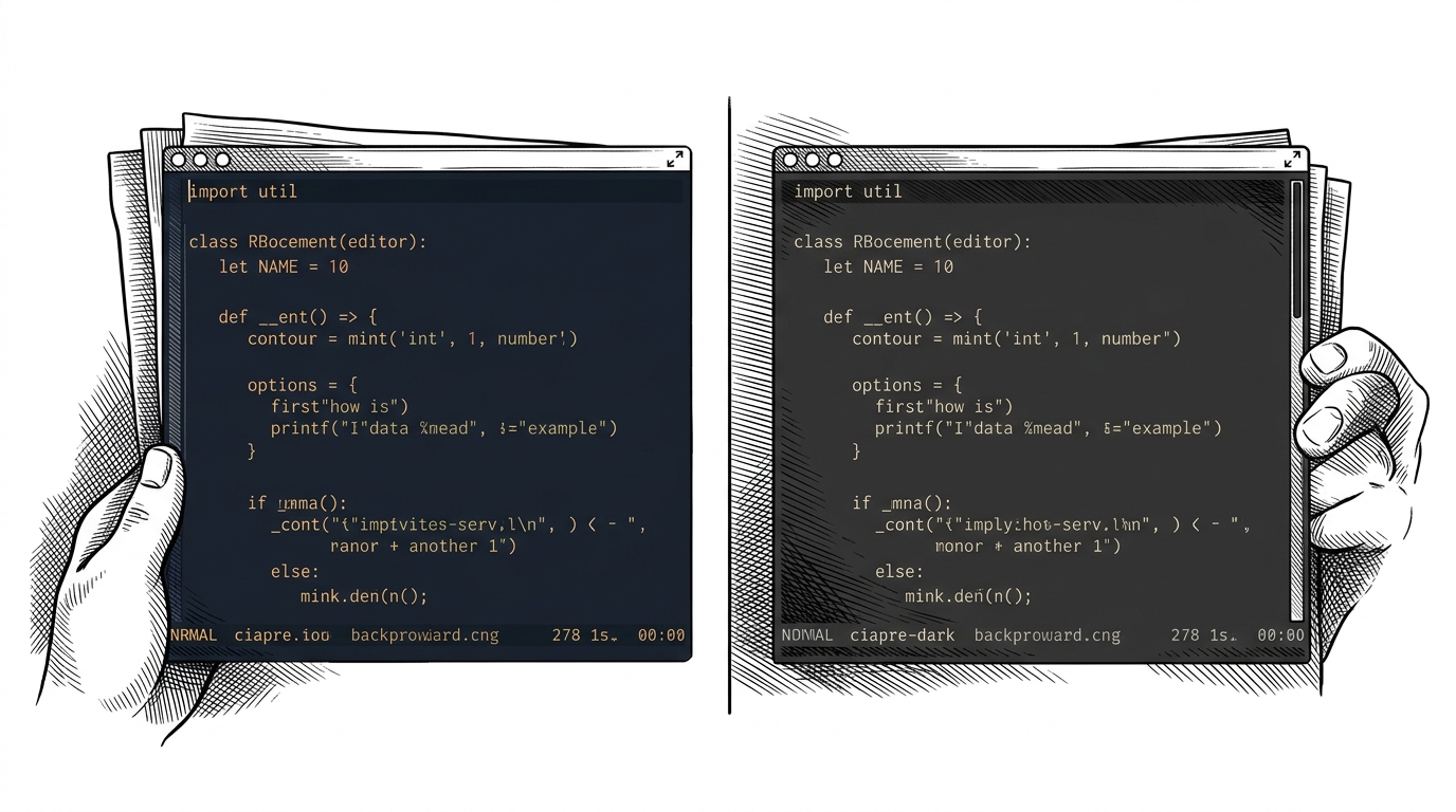 Two Helix editor panes sit side by side, using the same syntax sample and nearly the same accent colors. The left pane feels warmer and slightly bluer, while the right pane reads as more neutral and charcoal, showing how a background shift changes the entire temperature of the theme.