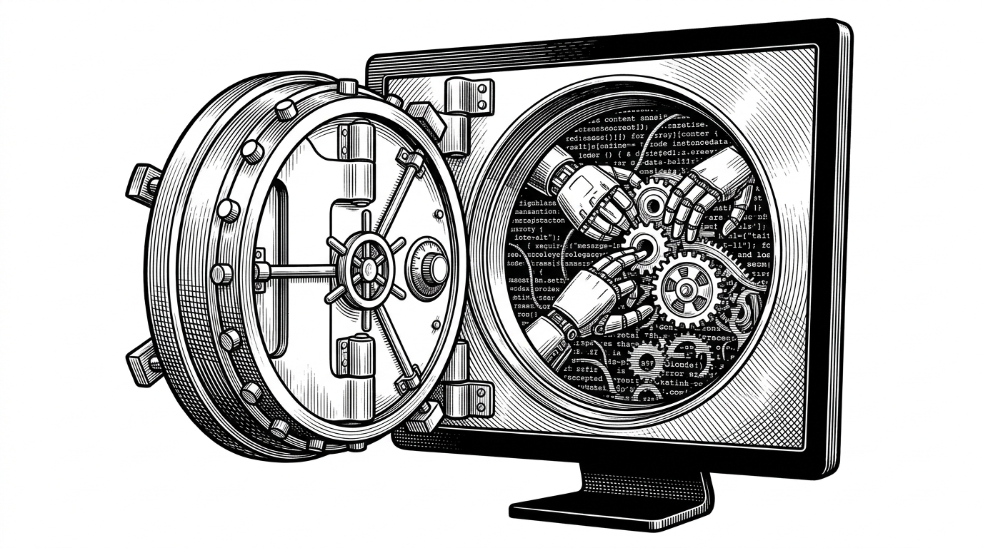 A heavy steel bank vault door built into a classic computer monitor bezel. Inside the screen, mechanical robotic hands manipulate glowing terminal prompts, safely contained from the outside.