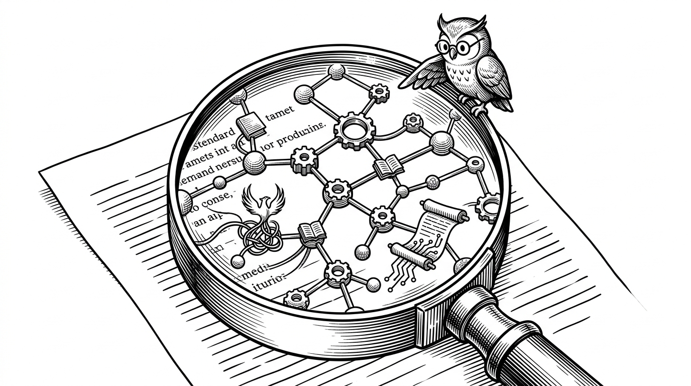 A close-up of a brass magnifying glass over standard text. Inside the lens, the text transforms into a complex 3D molecular structure representing an Abstract Syntax Tree.