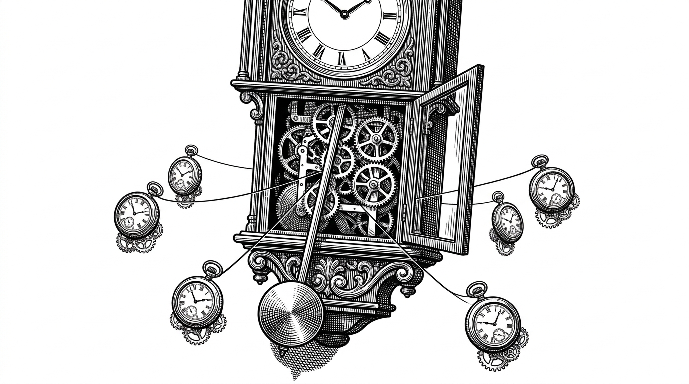 A large grandfather clock with exposed gears. Connected to its main pendulum by thin threads are several smaller, independent pocket watches suspended in mid-air.