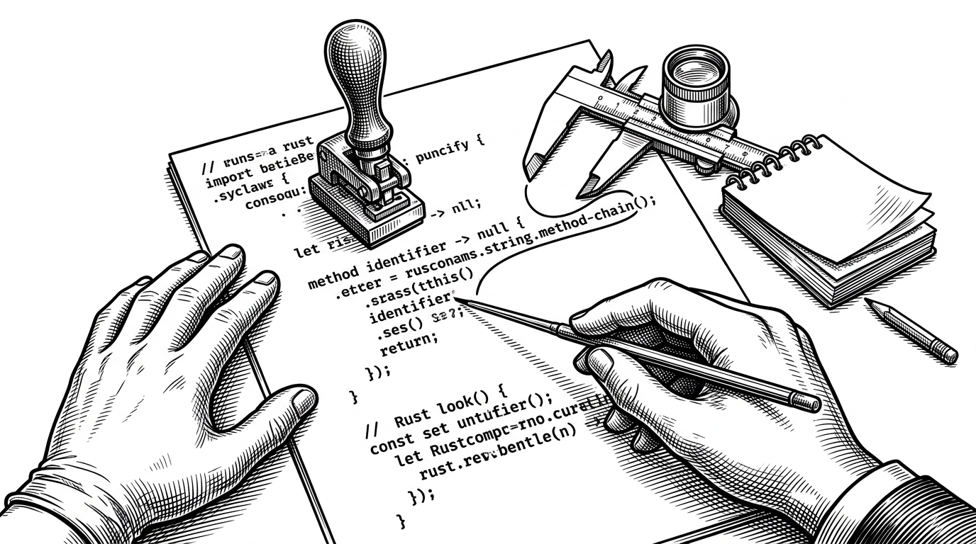 A tight tabletop scene shows three tools arranged around a Rust code page: a punch stamp for a simple rename, a caliper for an AST-aware rewrite, and a notebook for a more ambiguous migration. The close-up explains why the repo uses different methods for different kinds of change.
