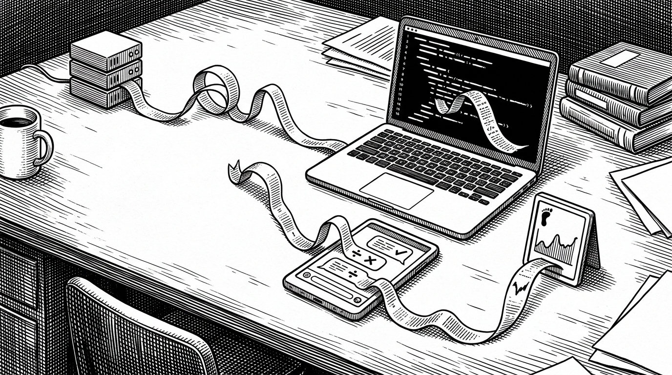 A desk scene shows three different endpoints, a laptop with a coding assistant, a chat panel, and a simple widget panel, all receiving the same small stream from one central calculation source. It shows that EcoAgent is designed to distribute one result into different user experiences.