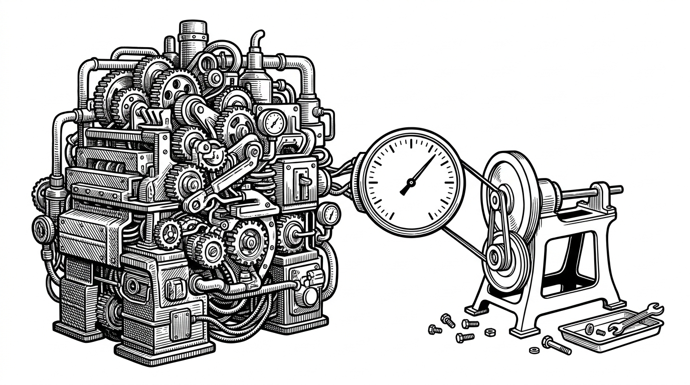 A heavy, gear-filled machine sits on one side, while a smaller stripped-down machine on the other side powers the same dial with fewer parts. It explains how EcoAgent can keep the same output even when the server stack is simplified.