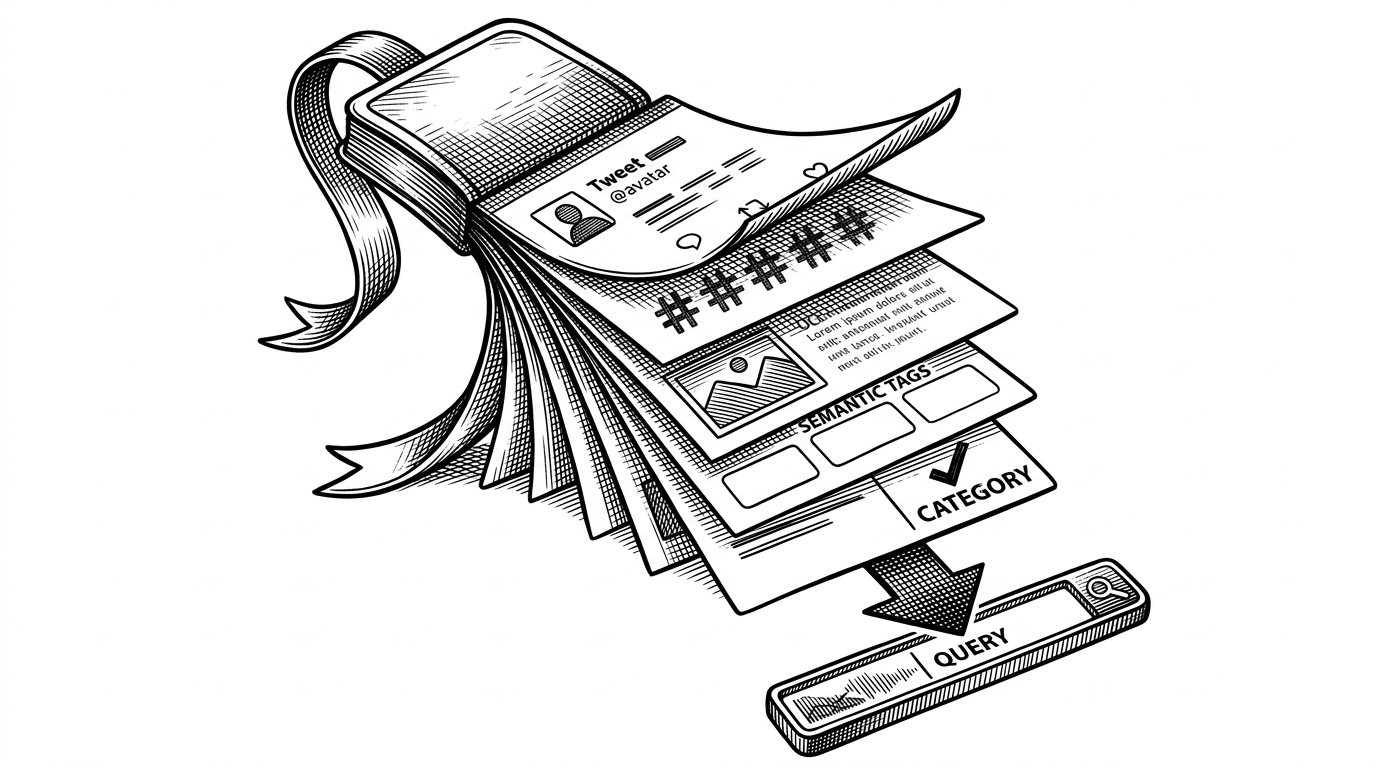 A single bookmark transforms into layered index cards. The top layer shows raw post text, while lower layers fan out into hashtags, OCR text, visual concepts, semantic tags, and a category card with a confidence mark. An arrow points into a search box that matches a natural-language query.
