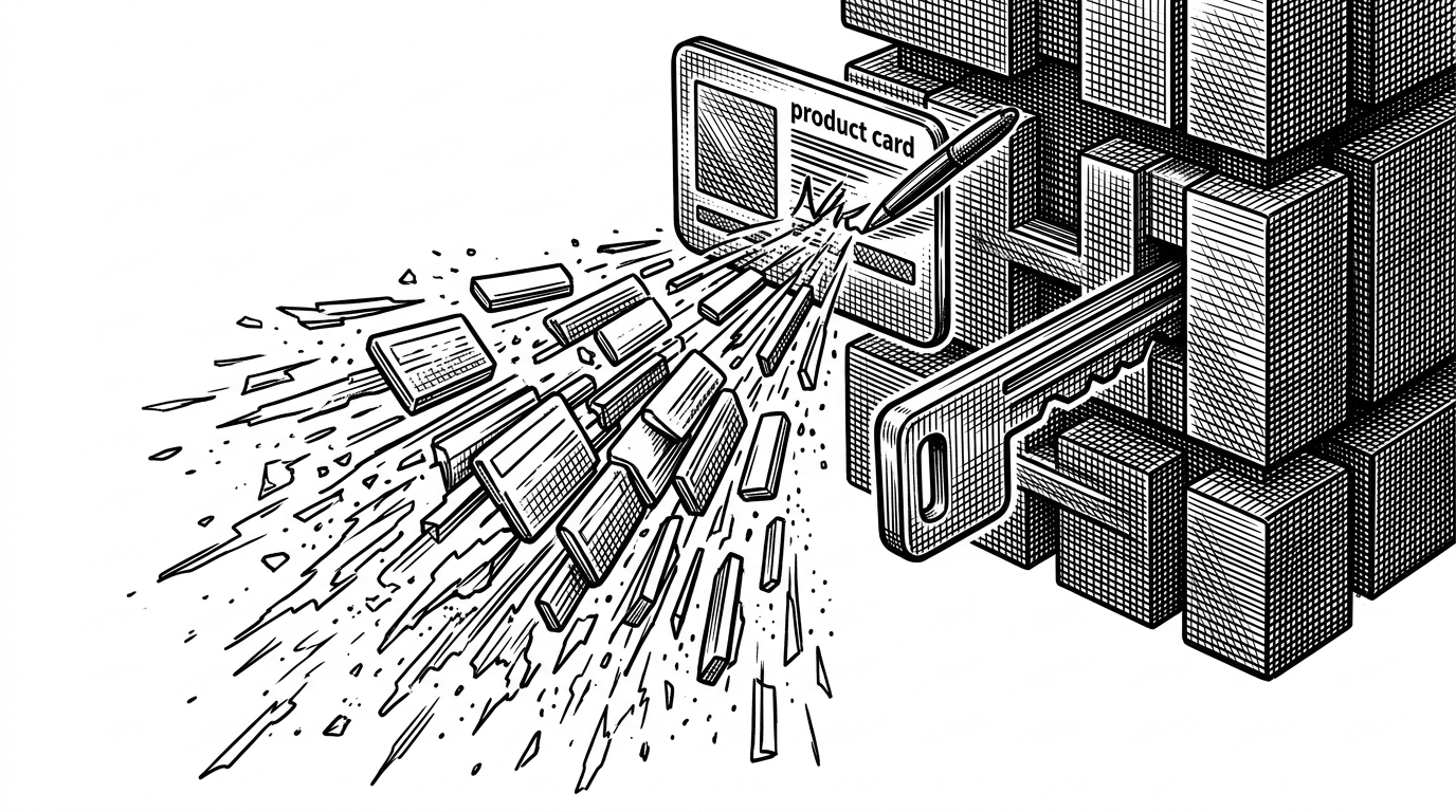A close-up shows one edited product card triggering a chain reaction inside a cache shelf. One individual cache key is removed, then several list keys dissolve at once while the underlying database record remains stable behind them. The image explains why the repo favors broad invalidation over preserving every list cache entry after a mutation.