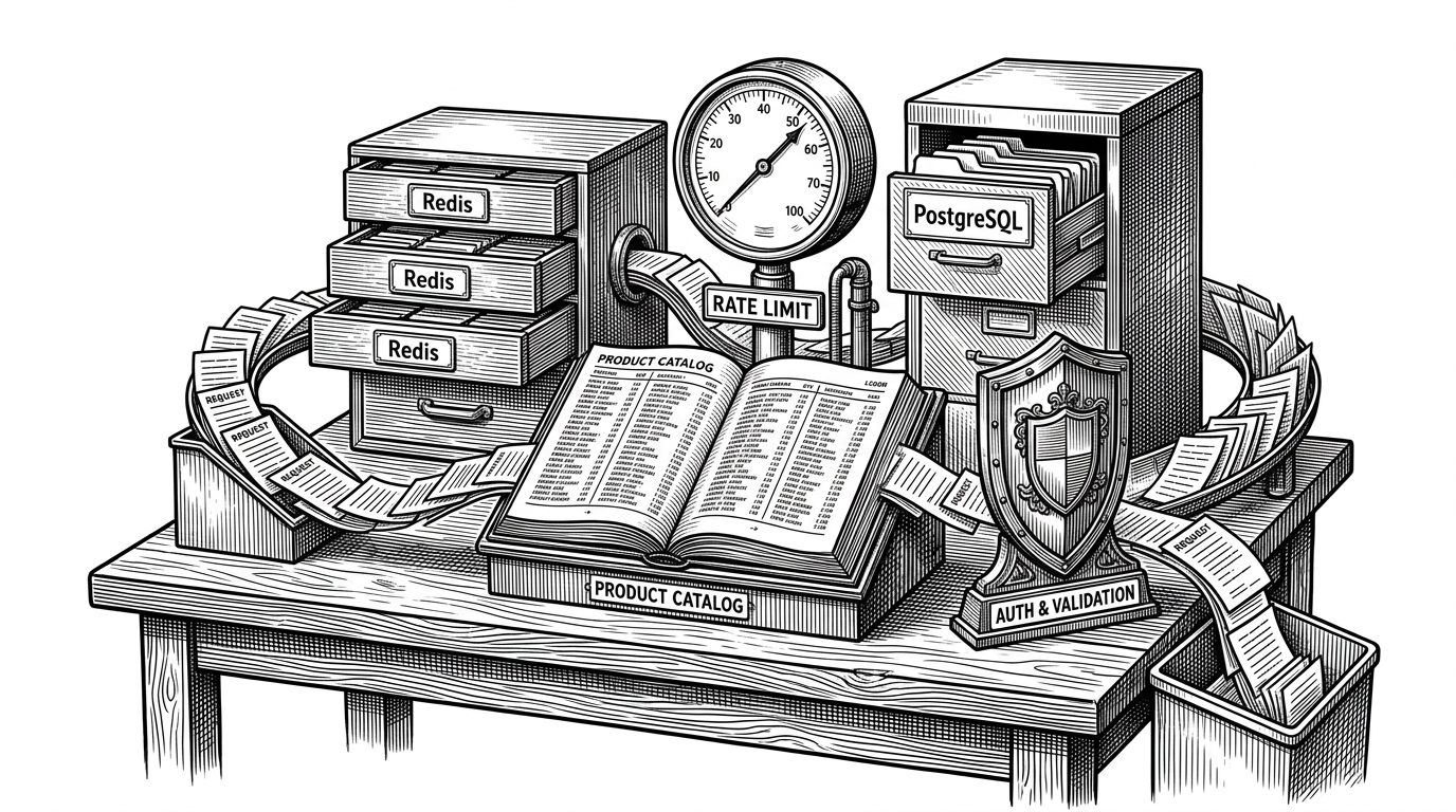 A compact backend machine sits on a white workbench, with a product catalog ledger at the center and four surrounding subsystems: a Redis cache drawer, a rate-limit gauge, a PostgreSQL filing cabinet, and an auth shield. Paper request cards move through the machine in a clean left-to-right flow, showing how the service checks, stores, and returns data. The image explains that production readiness is the product, not just the endpoints.