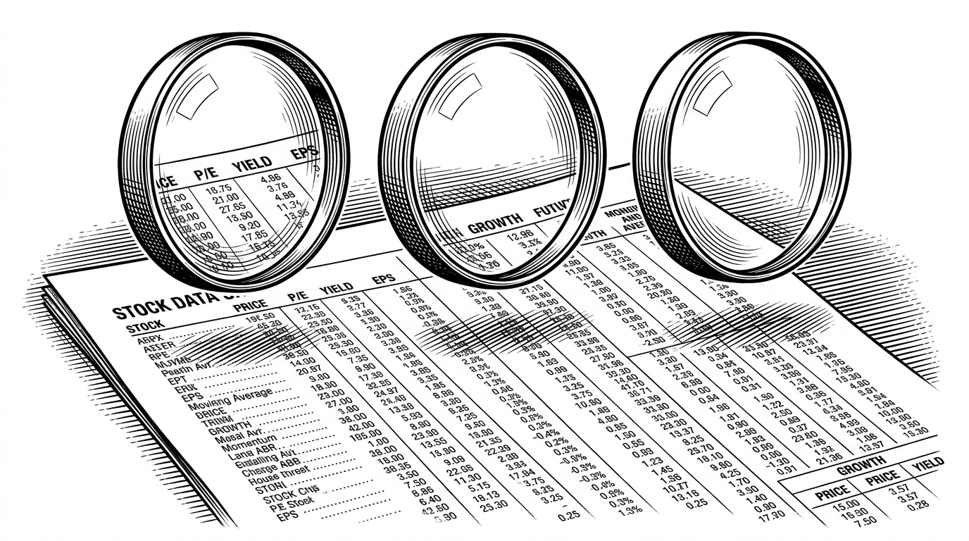 A close-up scene where the same market data sheet passes through several distinct lenses or masks, each changing the interpretation while the underlying figures stay fixed. The image explains that personas alter perspective, not evidence.