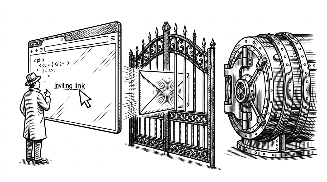 A sealed signup letter crosses a locked gate while a browser window waits on the left and a database cylinder stays closed on the right. The image explains the repo's unusual onboarding choice: the account does not exist in the database until the email link is clicked and verified.