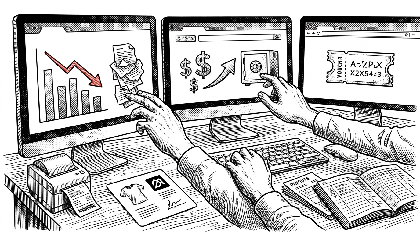 A medium-distance desk scene shows a shop owner moving between multiple screens for refunds, withdrawals, coupons, and inventory. Shipping labels, payout slips, and product cards clutter the desk, which explains that the seller experience is about operations rather than browsing.