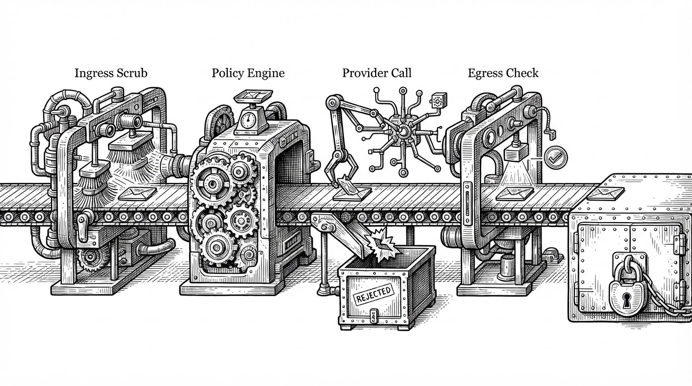 A close-up conveyor of four inspection stations processes a single request. One lane is diverted into a blocked bin before the provider step, while the main lane passes through redaction, model dispatch, response checking, and locked audit storage.
