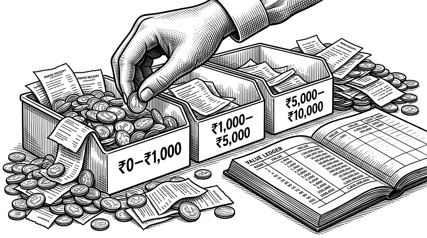 A close-up scene of coins and receipts being sorted into labeled bins for small, medium, and larger transaction ranges. One bin overflows while a nearby ledger shows that value concentration tells a different story from transaction count. The image explains why bucketization reveals long-tail behavior.