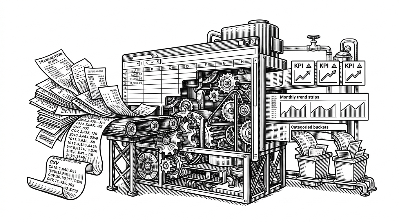 A raw pile of transaction slips and a CSV sheet feed into a large workbook that behaves like machinery, then emerge as tidy KPI strips, monthly trends, and bucketed summaries. The scene explains that the spreadsheet is acting as a pipeline, not a static report.