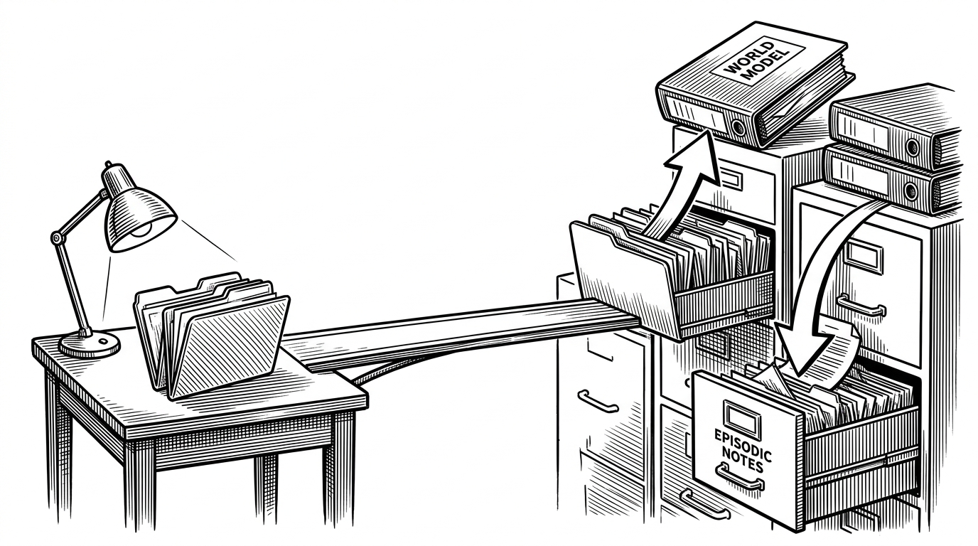 A narrow bridge connects a small desk of always-visible files to a set of archive drawers. One arrow moves mature knowledge upward into a world model, while another moves overflow downward into episodic notes, showing how the system keeps memory small enough to stay useful.