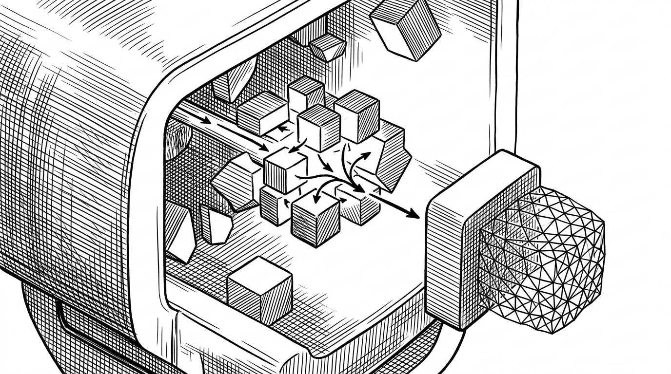 A close-up mechanical engine shows a small cluster of active geometric tokens lit against mostly empty space, with arrows threading through them toward a decoder block that assembles a mesh. It explains that computation is concentrated on occupied structure instead of a dense 3D field.