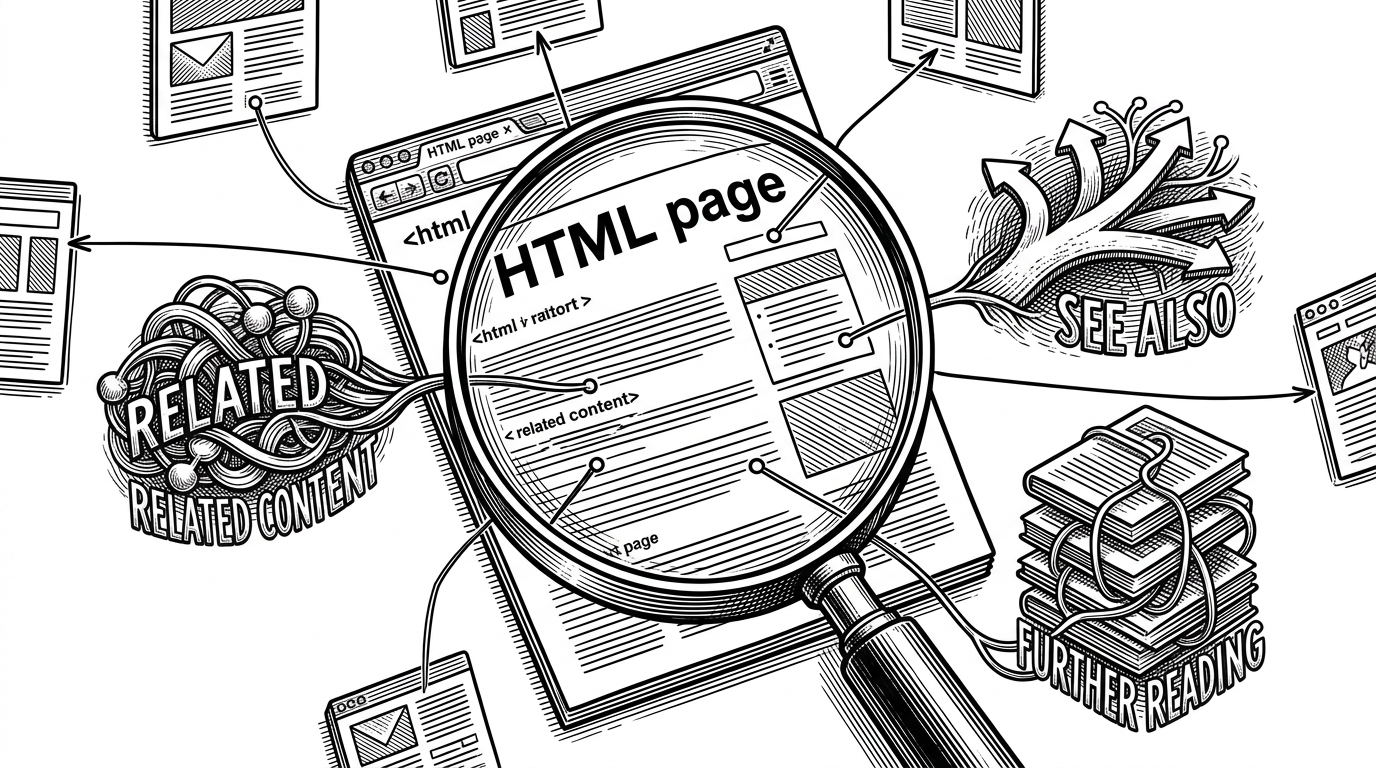 A close-up of a single web page with three clusters of internal links arranged around semantic labels: related, see also, and further reading. A magnifying lens isolates those labels while a few links stretch outward toward other pages, showing that the tool cares about the meaning around links, not just their count. The image explains the connectivity pillar and its focus on intent.