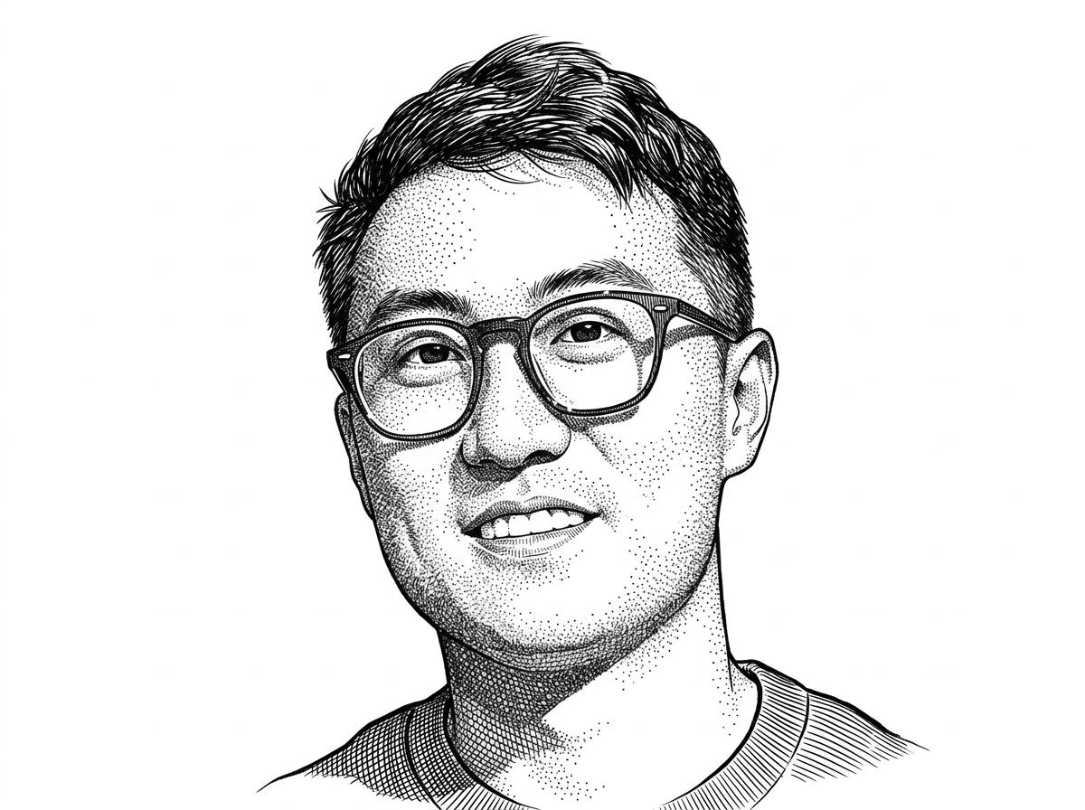 A hedcut-style portrait of Evan You based on his GitHub avatar. It personalizes the origin story and anchors the idea that Vite grew out of the Vue ecosystem's frustration with slow feedback loops.