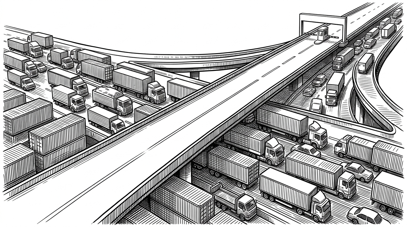 A wide editorial scene of a traffic-clogged freight yard where one elevated express lane cuts cleanly through the jam and reaches a bright terminal ahead. It explains Vite's core wager: let the browser work with source modules directly, and reserve heavy bundling for the smallest possible moment.