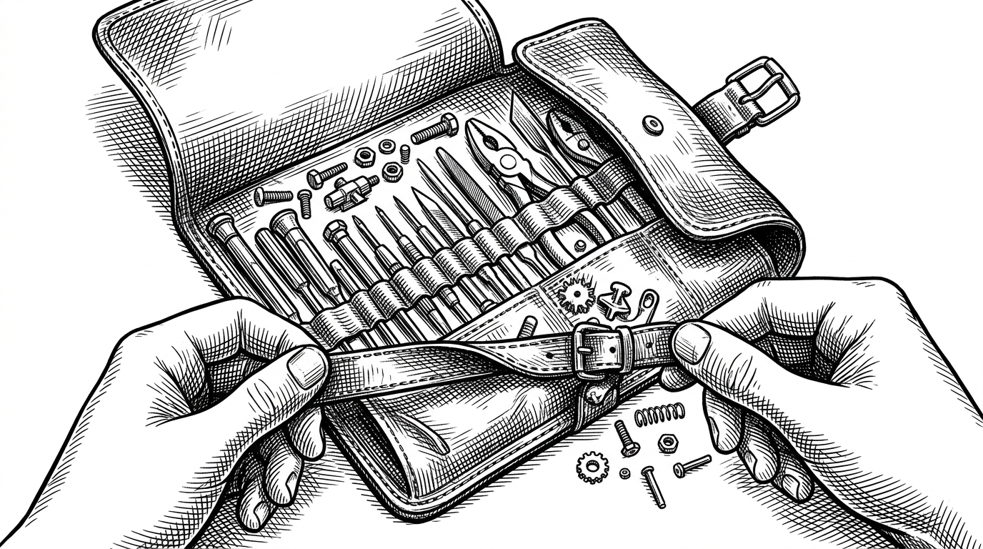 A close-up editorial scene of a craftsman's tool roll being folded tighter until many small tools sit neatly inside one compact leather case. It represents Vite's habit of bundling its own dependencies and keeping the public install surface lean instead of scattering the burden across users' projects.