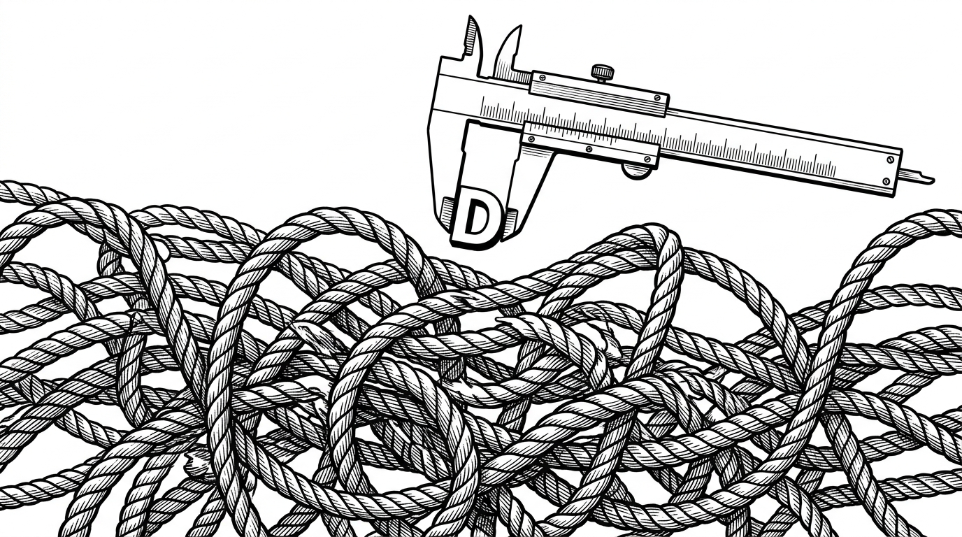 A close-up of a tangled web of thick ropes representing the DOM tree. Floating gracefully above the ropes is a pristine metal caliper taking a precise measurement of a single letter block without touching the tangled ropes below. This illustrates the abstraction of pretext and DOM-free measurement.