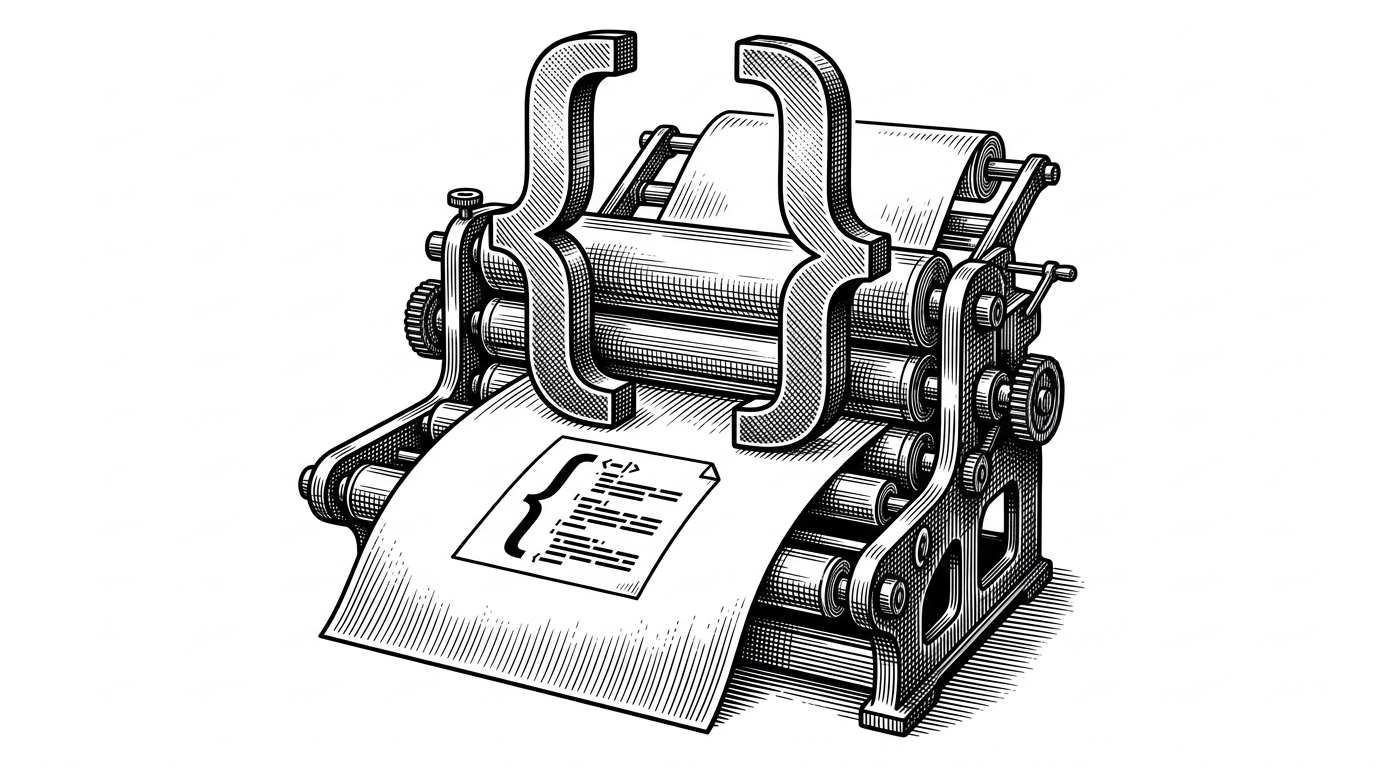 A classic mechanical printing press where the pressing mechanism is shaped like giant rigid CSS curly brackets. They are stamping a perfectly crisp scaled-down document onto an oversized piece of paper. This visualizes the concept of using CSS transforms to force a web layout into a strict physical medium.