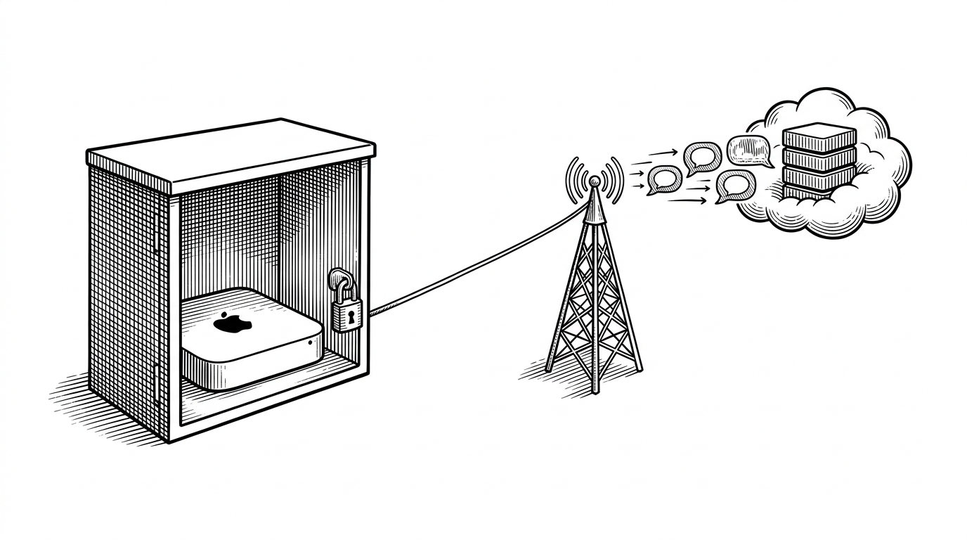 A tiny Mac mini sits inside a closed box while a narrow cable runs from it to a relay tower and then to a stack of chat bubbles. The scene explains the repo's core idea: iMessage connectivity becomes a transport bridge, not a local hardware dependency.