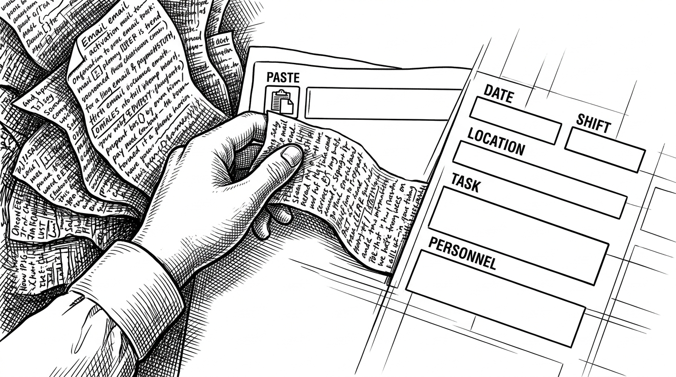 A hand pastes a long messy activation brief into a form while clean fields snap into place beside it. The picture explains how Promo uses AI to turn unstructured instructions into a ready-to-run activation.