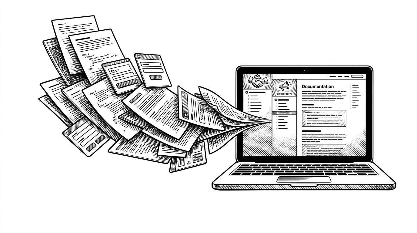 A neat stack of MDX pages and component cards morphs into a polished documentation page on a laptop screen. The scene shows how content becomes interface when the docs are treated like software.