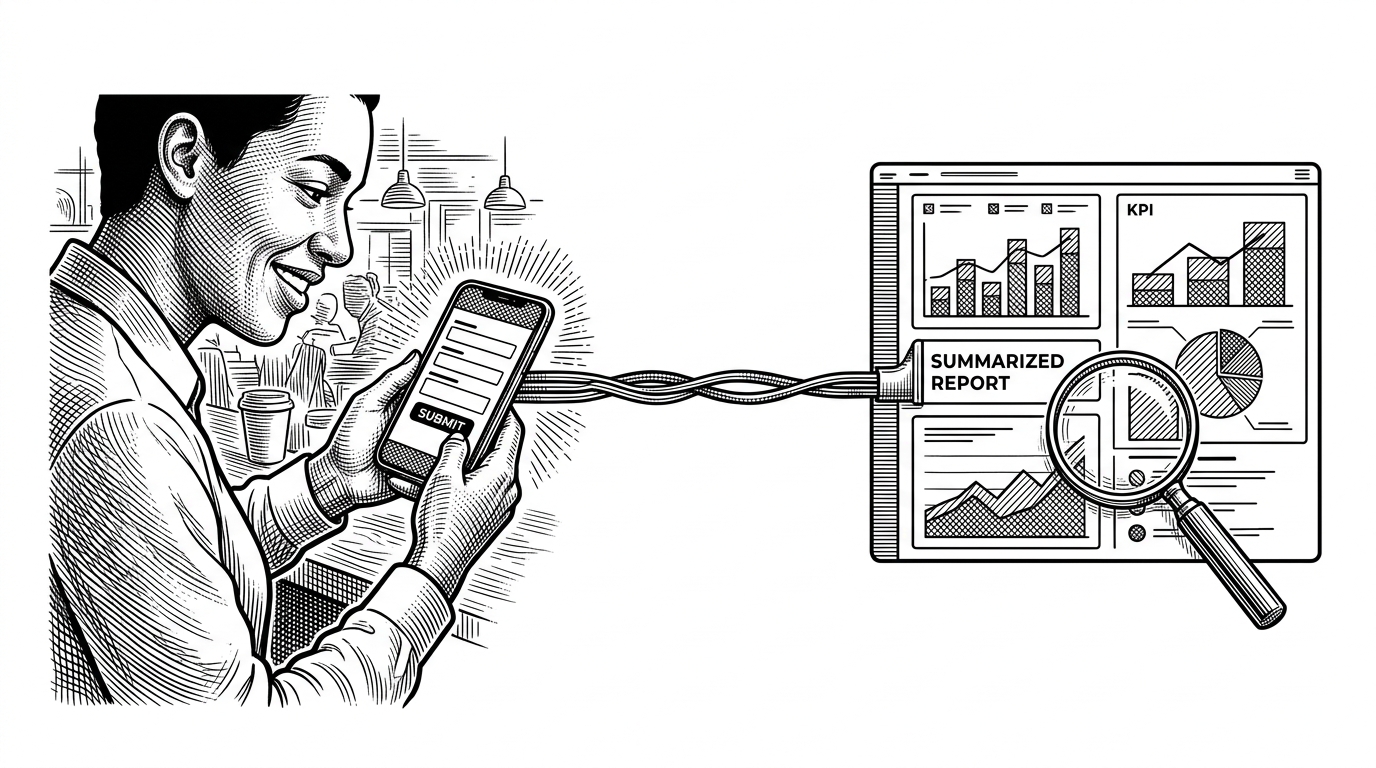 An ambassador submits a form from a phone while the response flows into a summary block on a dashboard. The image shows the feedback loop that turns field activity into structured results an agency can act on.
