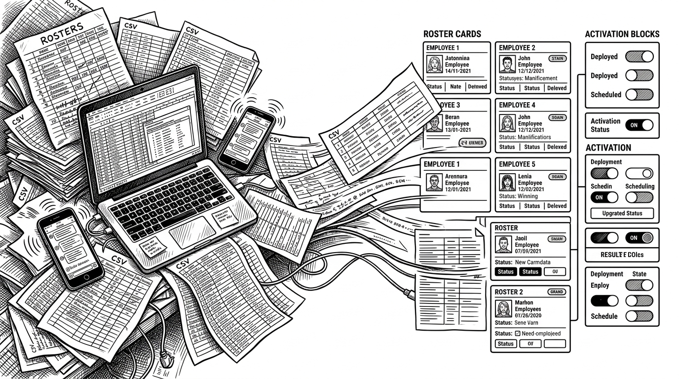 A wide scene shows a staffing agency desk covered with paper rosters, printed CSV sheets, a laptop, and a phone. The papers stream into a clean digital dashboard on the right, showing how the docs frame Promo as a system for turning messy onboarding into structured workflow.